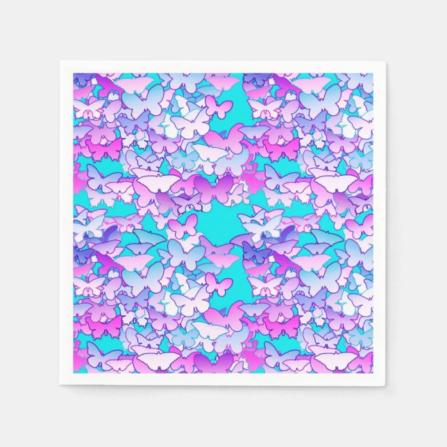 Serviette En Papier Papillons, violet et turquoise (Devant)