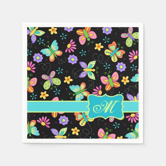 Serviette En Papier Papillons Whimsy modernes sur Monogramme noir (Devant)