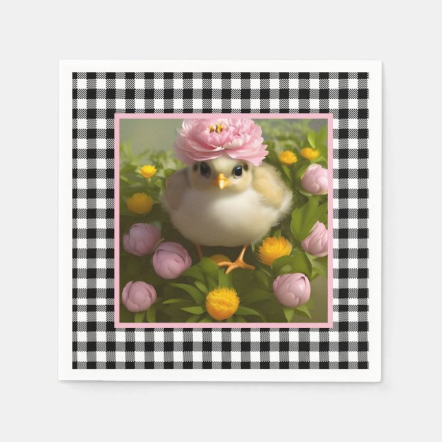 Serviette En Papier Pâques poussins mignons et fleurs    (Devant)
