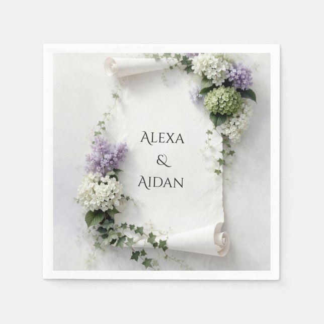 Serviette En Papier Parchemin de mariage aux lilas et hydrangeas  (Devant)