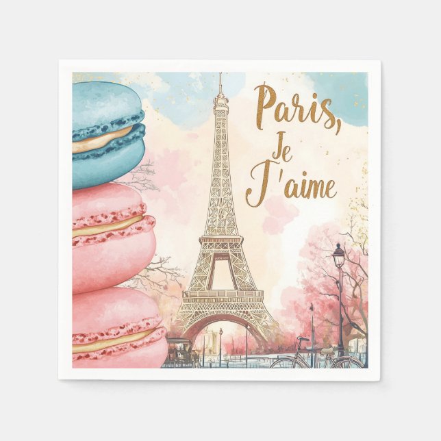 Serviette En Papier Paris, Je T'aime - Tour Eiffel avec Macarons (Devant)