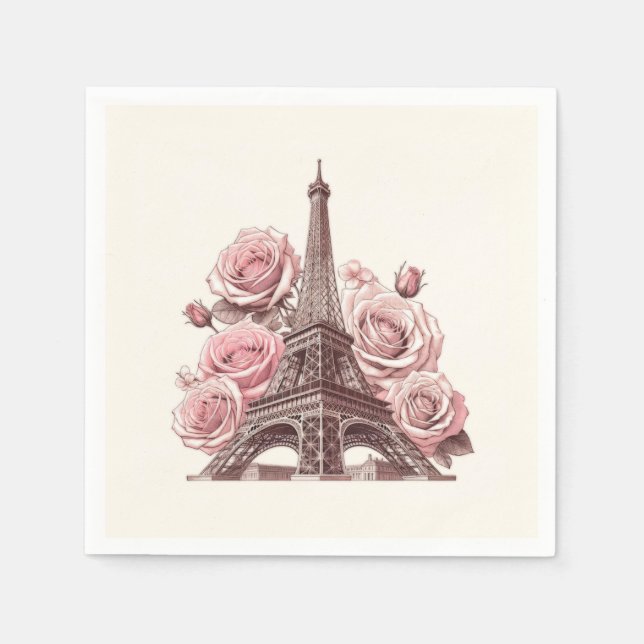 Serviette En Papier Paris Tour Eiffel & Roses Roses (Devant)