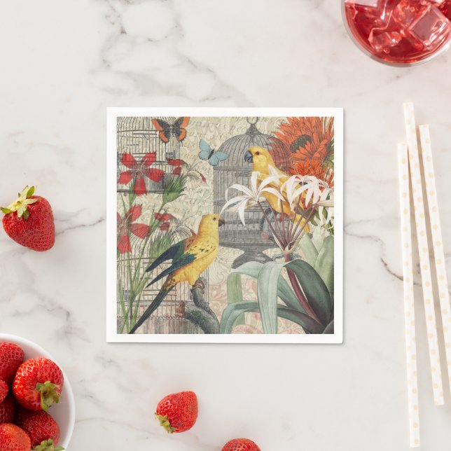 Serviette En Papier Parrot Jaune Tropical Antique Fleur (En situation)