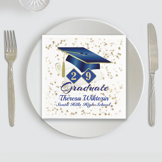 Serviette En Papier Parti de Graduation Personnalisée Bleu & Or 20XX (Personalized Graduation Party Blue & Gold Napkins)