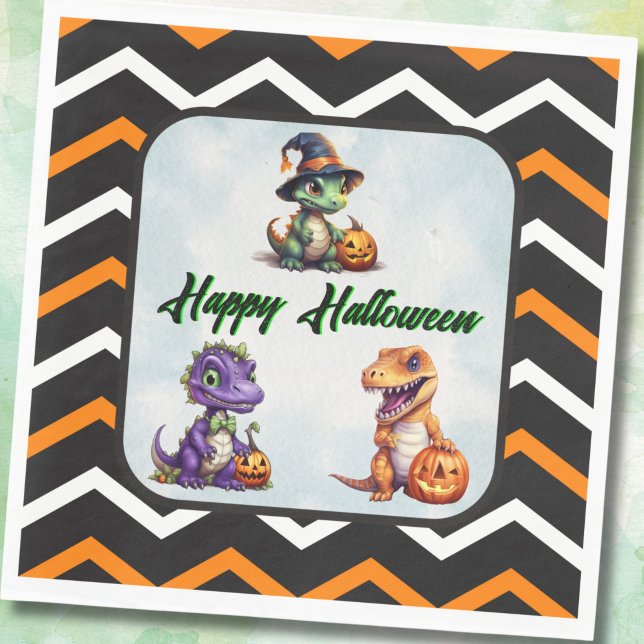 Serviette En Papier Parti Dino-Mash d'Halloween (Halloween Dino Party Napkins with Chevron Stripes)