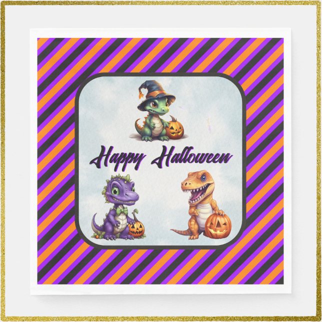 Serviette En Papier Parti Dino-Mash d'Halloween (Triple Dino Happy Halloween Napkins with Purple font)