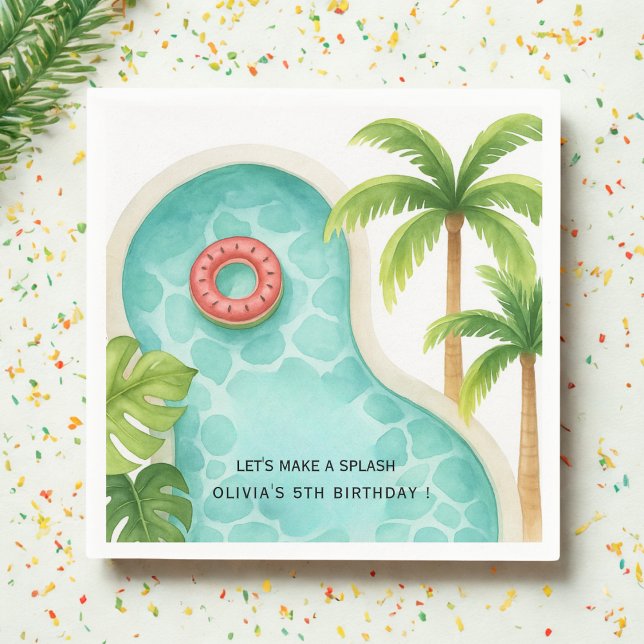 Serviette En Papier Partie du pool d'aquarelles | Enfants Anniversaire (Créateur téléchargé)