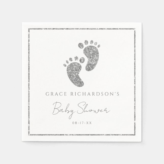 Serviette En Papier Parties scintillant argent Baby shower pieds bébé  (Devant)