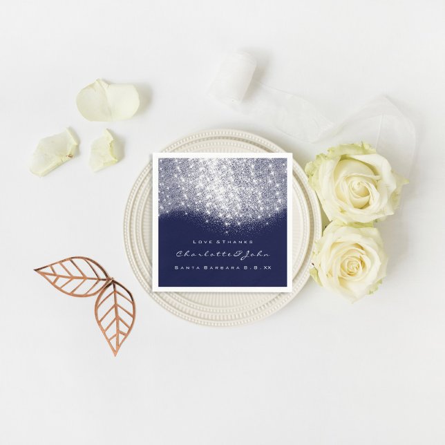 Serviette En Papier Parties scintillant Argent Blanc Bleu Marine Merci (Glitter Silver WhiteBlue Navy White Thank You Name Paper Napkins)