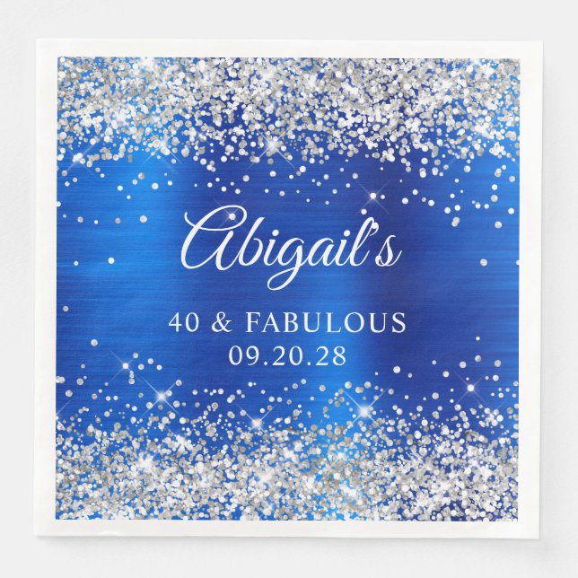 Serviette En Papier Parties scintillant Argent Royal Blue Foil 40 & Fa (Devant)