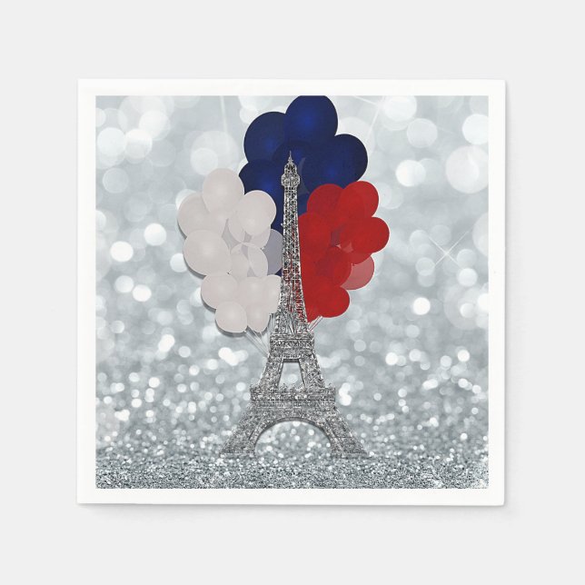 Serviette En Papier Parties scintillant Argent Tour Eiffel Rouge Blanc (Devant)