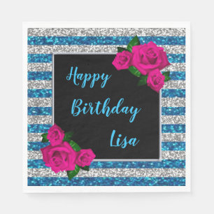 Serviette En Papier Parties scintillant bleu argenté rayures rose rose