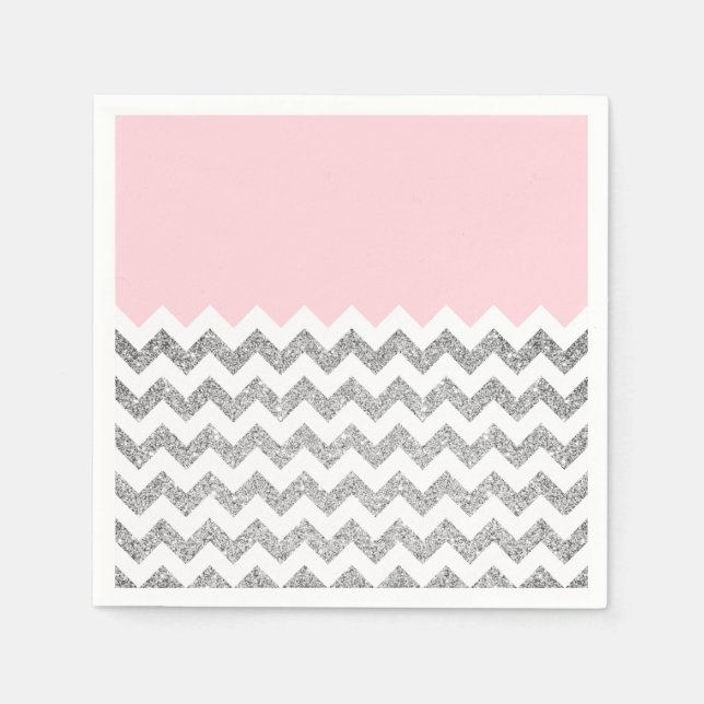 Serviette En Papier Parties scintillant Chevron rose et argent Faux (Devant)