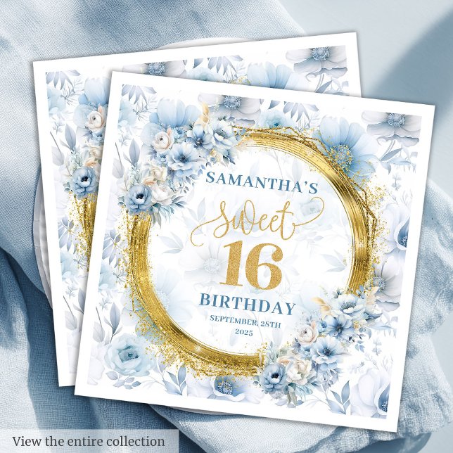 Serviette En Papier Parties scintillant classique Sweet sixteen bleu c (Classic Light Blue Sweet Sixteen Gold Glitter Napkins)