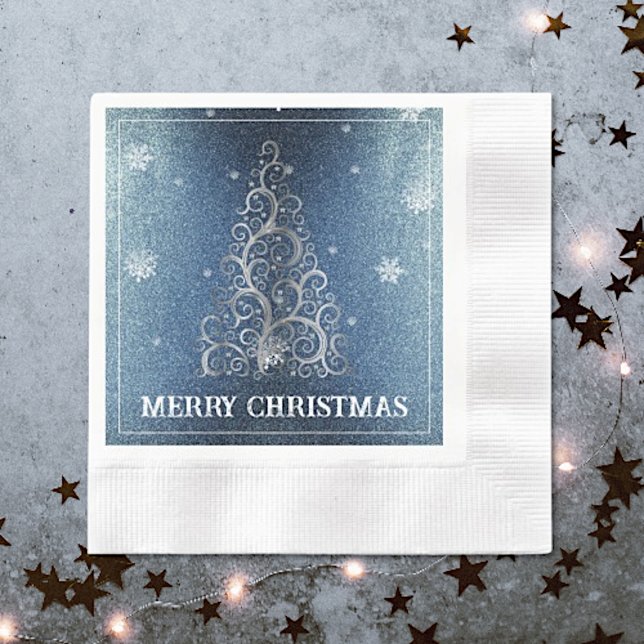 Serviette En Papier Parties scintillant d'arbre de Noël et flocons de  (Blue Christmas Tree Glitter and Snowflakes Napkins)