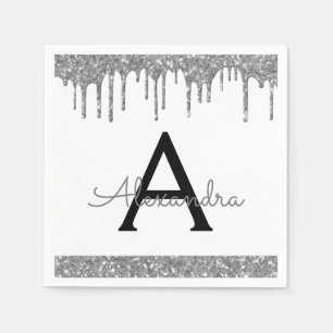 Serviette En Papier Parties scintillant d'argent blanc Monogramme noir
