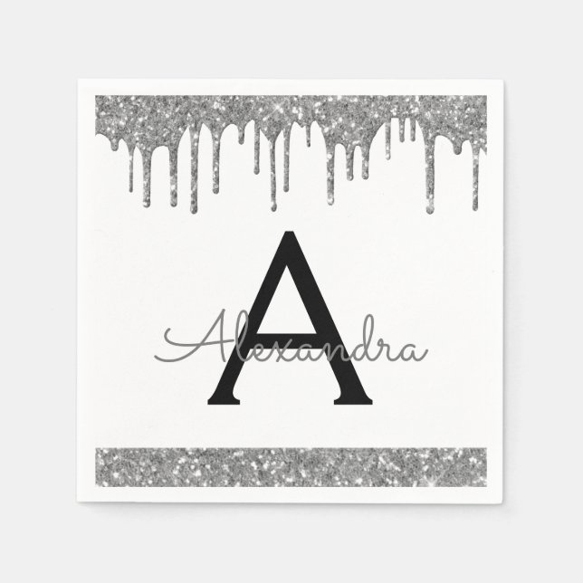 Serviette En Papier Parties scintillant d'argent blanc Monogramme noir (Devant)