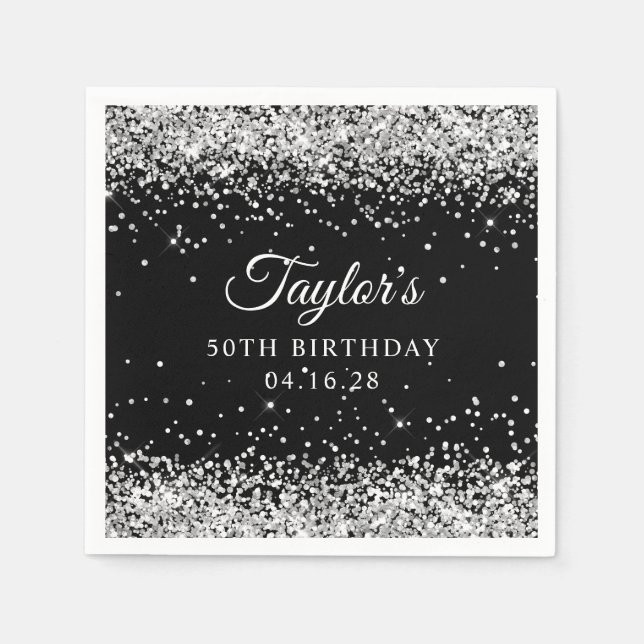 Serviette En Papier Parties scintillant d'argent Noir 50e anniversaire (Devant)
