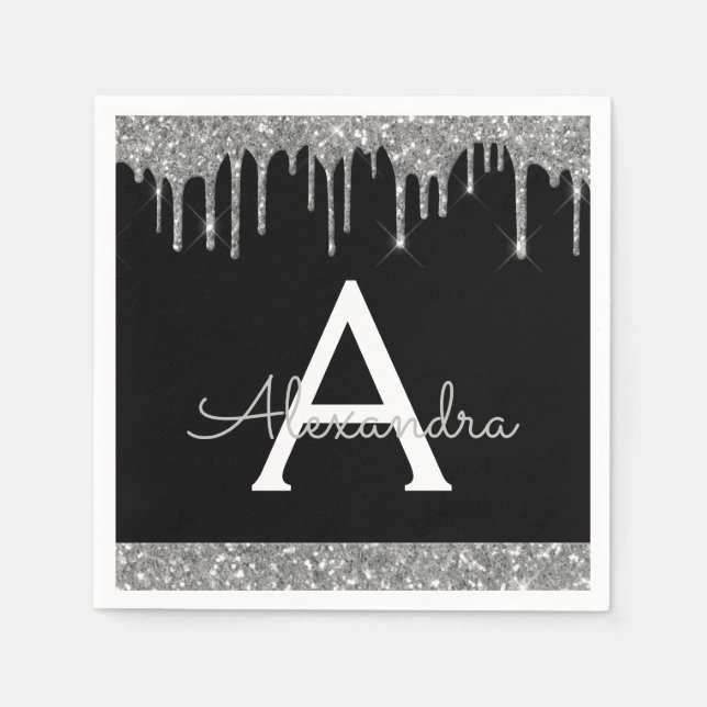 Serviette En Papier Parties scintillant d'argent noir Monogramme noir  (Devant)