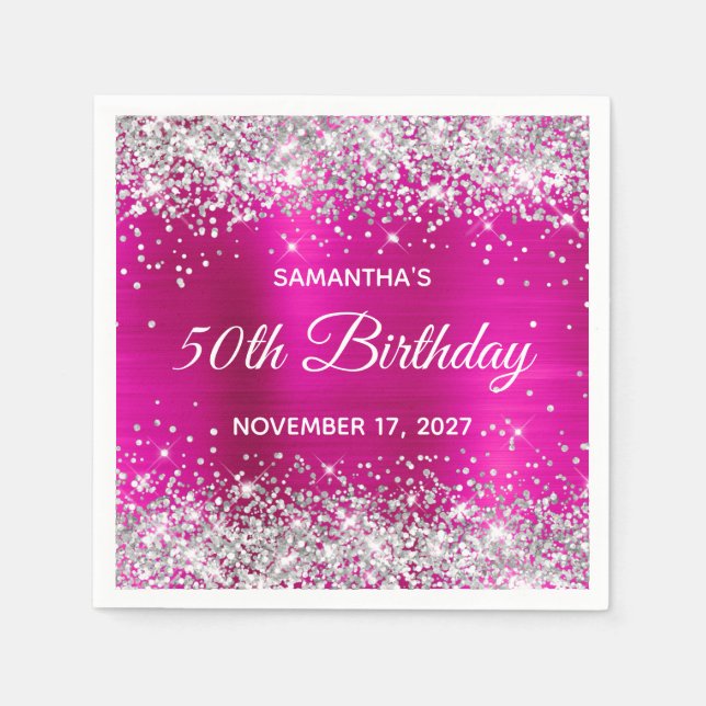 Serviette En Papier Parties scintillant d'argent Pink Hot Foil 50e ann (Devant)
