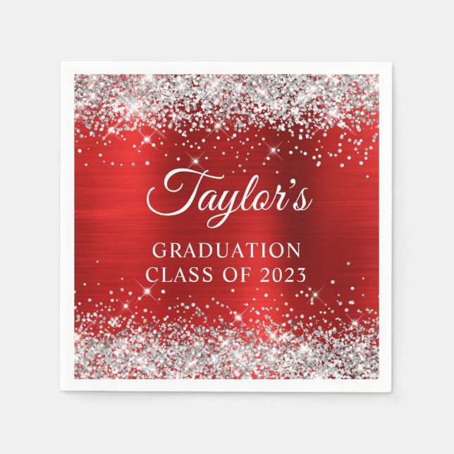 Serviette En Papier Parties scintillant d'argent Red Foil Graduation (Devant)