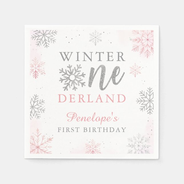 Serviette En Papier Parties scintillant d'argent rose Hiver Onederland (Devant)