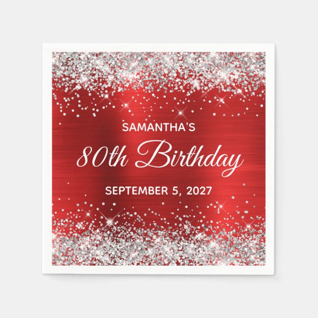 Serviette En Papier Parties scintillant d'argent Rouge huile 80e anniv (Devant)
