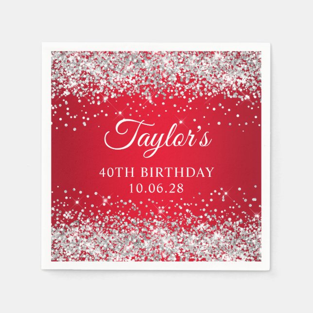 Serviette En Papier Parties scintillant d'argent Rouge Ombre 40e anniv (Devant)