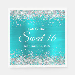 Serviette En Papier Parties scintillant d'argent Turquoise bleu Ombre 