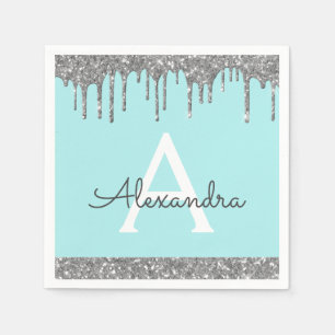 Serviette En Papier Parties scintillant d'argent Turquoise Monogramme 