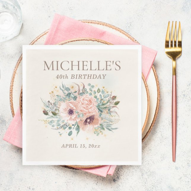 Serviette En Papier Parties scintillant de feuillage rose 40e annivers (Blush pink floral and sage green leaves birthday party paper napkins)