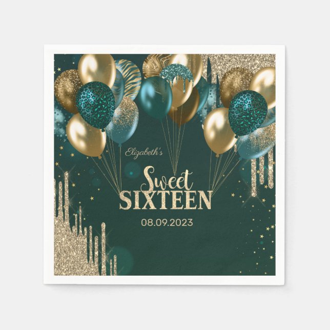 Serviette En Papier Parties scintillant d'or Ballons Green Sweet 16 (Devant)