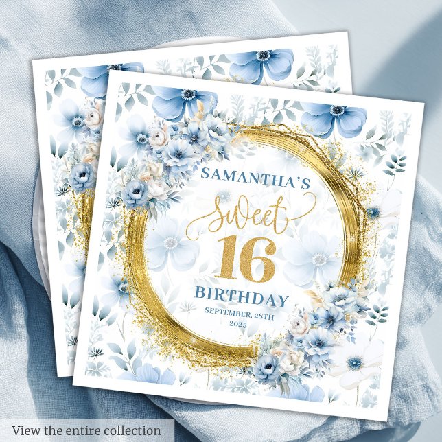 Serviette En Papier Parties scintillant d'or de Sweet sixteen bleu cla (Personalized Light Blue Sweet Sixteen Gold Glitter Napkins)