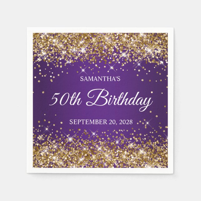 Serviette En Papier Parties scintillant d'or et Royal Purple 50e anniv (Devant)