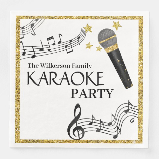 Serviette En Papier Parties scintillant d'or Microphone notes de musiq (Devant)