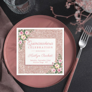 Serviette En Papier Parties scintillant d'or rose Floral Quinceañera 1