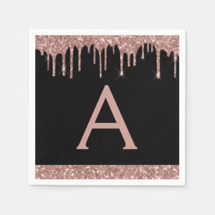 Serviette En Papier Parties scintillant d'or rose Rose Monogramme noir