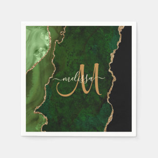 Serviette En Papier Parties scintillant d'or vert chic Agate Monogramm