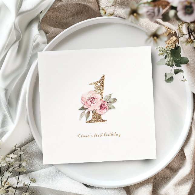 Serviette En Papier Parties scintillant dorée étincelante et fleurs ro (Sparkle gold glitter and pink floral 1st birthday napkins)