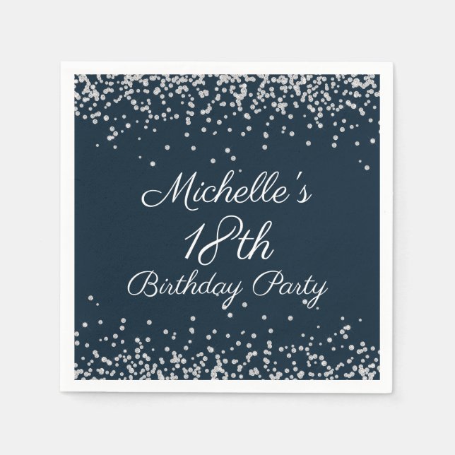 Serviette En Papier Parties scintillant en argent bleu marine 18e fête (Devant)
