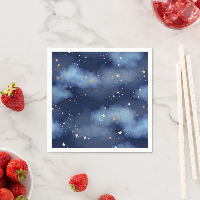 Serviette En Papier Parties scintillant Gold Stars Dark Blue Sky Motif (En situation)