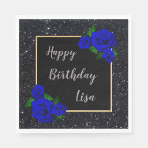 Serviette En Papier Parties scintillant noire  Bleu profond Roses Anni
