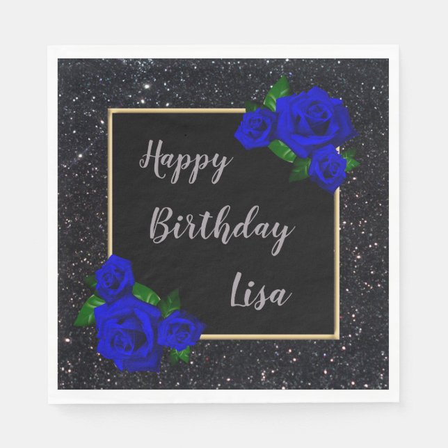 Serviette En Papier Parties scintillant noire  Bleu profond Roses Anni (Devant)