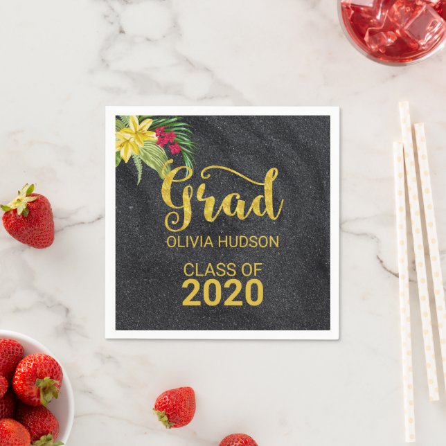 Serviette En Papier Parties scintillant Noire Et Hibiscus (En situation)