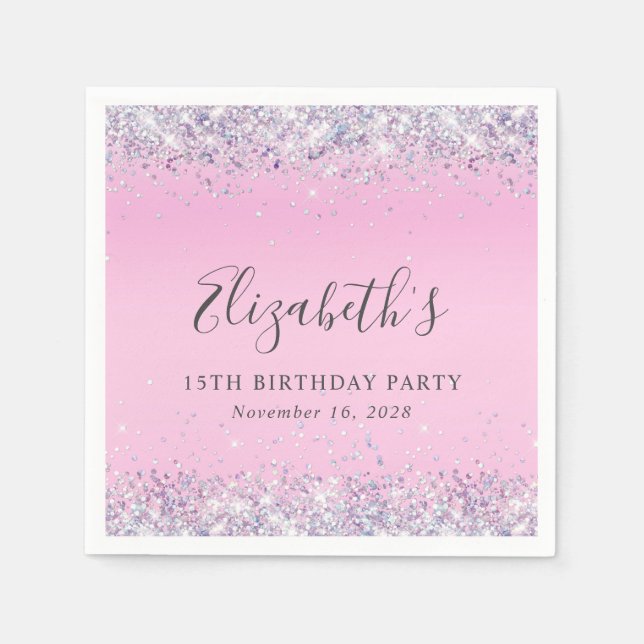 Serviette En Papier Parties scintillant rose 15e anniversaire de fête  (Devant)