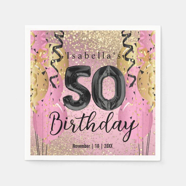 Serviette En Papier Parties scintillant rose et or 50e anniversaire (Devant)