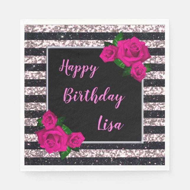 Serviette En Papier Parties scintillant rose noire rayures rose roses  (Devant)