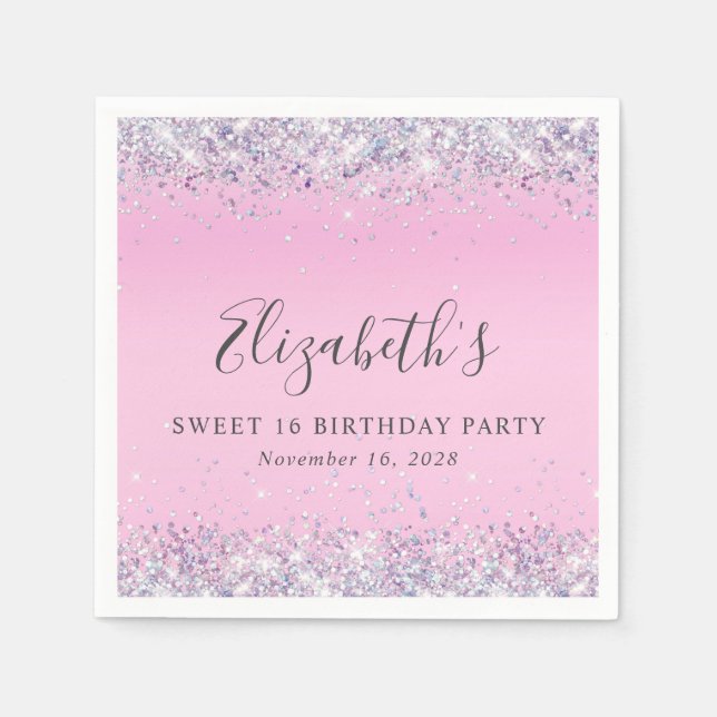 Serviette En Papier Parties scintillant rose sucré 16 Anniversaire (Devant)