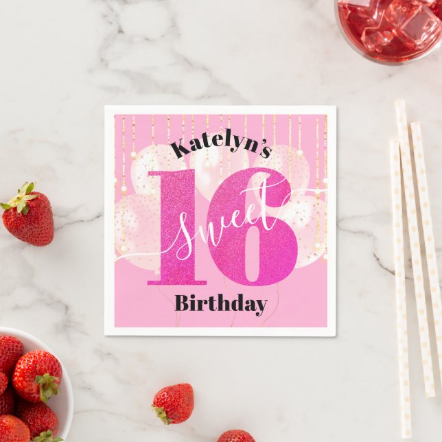 Serviette En Papier Parties scintillant rose sucré 16 Ballons d'annive (En situation)