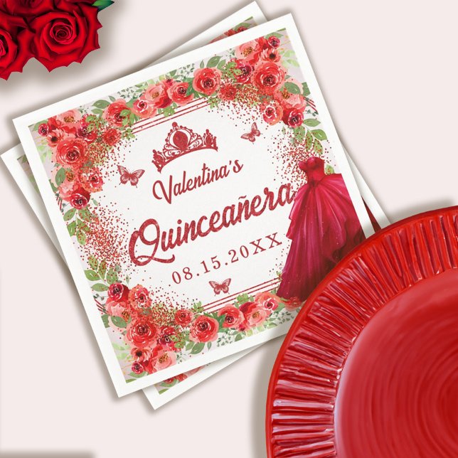Serviette En Papier Parties scintillant rouge Floral Quinceanera (Red Glitter Floral Quinceanera Party Napkins)